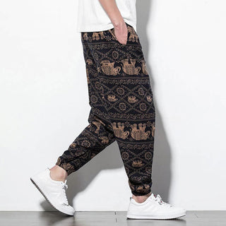 Buddha Gift Elephant Brown Black Print Cotton Men's Long Cropped Harem Pants With Pockets