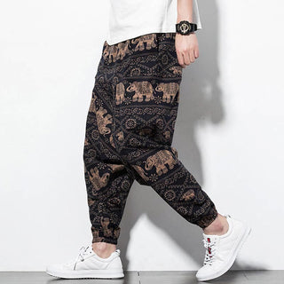 Buddha Gift Elephant Brown Black Print Cotton Men's Long Cropped Harem Pants With Pockets