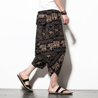 Buddha Gift Elephant Brown Black Print Cotton Men's Long Cropped Harem Pants With Pockets