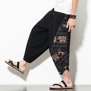 Buddha Gift Brown Elephant Print Cotton Men's Cropped Harem Pants With Pockets