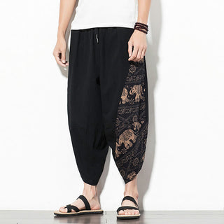 Buddha Gift Brown Elephant Print Cotton Men's Cropped Harem Pants With Pockets