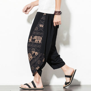 Buddha Gift Brown Elephant Print Cotton Men's Cropped Harem Pants With Pockets