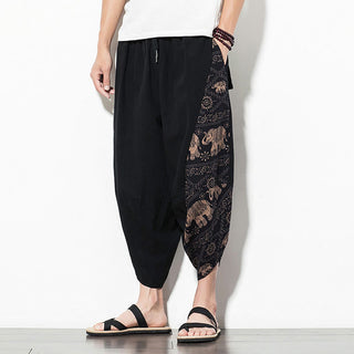 Buddha Gift Brown Elephant Print Cotton Men's Cropped Harem Pants With Pockets