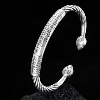 Buddha Gift 999 Sterling Silver Six True Words Heart Sutra Braided Design Lotus Protection Bracelet Bangle