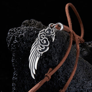Buddha Gift 925 Sterling Silver Auspicious Clouds Wing Cotton Rope Deerskin Rope Necklace Pendant