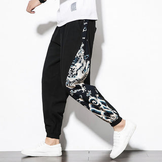 Buddha Gift Summer Dragon Waves Cotton Men's Pants With Pockets