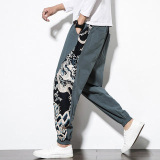 Buddha Gift Summer Dragon Waves Cotton Men's Pants With Pockets
