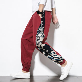 Buddha Gift Summer Dragon Waves Cotton Men's Pants With Pockets