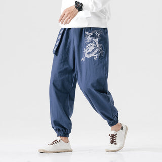 Buddha Gift Auspicious Clouds Dragon Cotton Men's Pants With Pockets