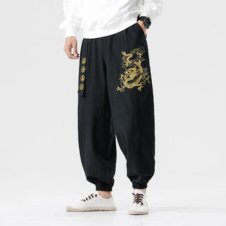 Buddha Gift Auspicious Clouds Dragon Cotton Men's Pants With Pockets