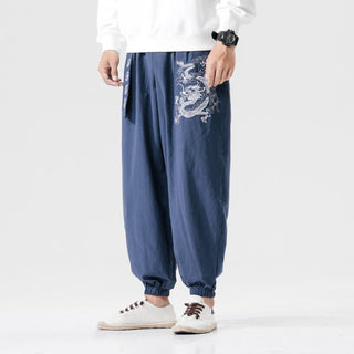 Buddha Gift Auspicious Clouds Dragon Cotton Men's Pants With Pockets