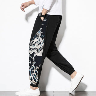 Buddha Gift Summer Dragon Waves Cotton Men's Pants With Pockets