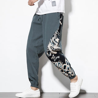 Buddha Gift Summer Dragon Waves Cotton Men's Pants With Pockets