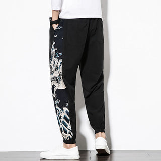 Buddha Gift Summer Dragon Waves Cotton Men's Pants With Pockets
