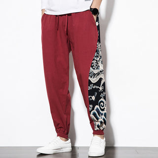 Buddha Gift Summer Dragon Waves Cotton Men's Pants With Pockets
