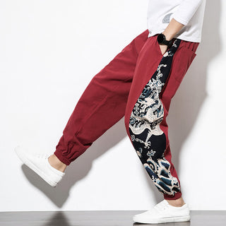 Buddha Gift Summer Dragon Waves Cotton Men's Pants With Pockets