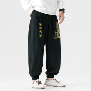 Buddha Gift Auspicious Clouds Dragon Cotton Men's Pants With Pockets