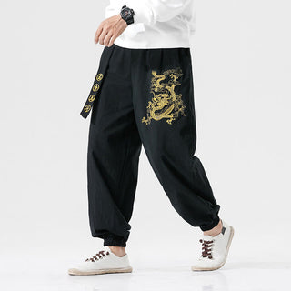 Buddha Gift Auspicious Clouds Dragon Cotton Men's Pants With Pockets