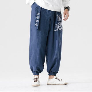 Buddha Gift Auspicious Clouds Dragon Cotton Men's Pants With Pockets