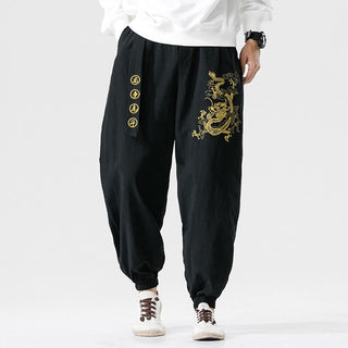 Buddha Gift Auspicious Clouds Dragon Cotton Men's Pants With Pockets