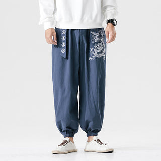Buddha Gift Auspicious Clouds Dragon Cotton Men's Pants With Pockets