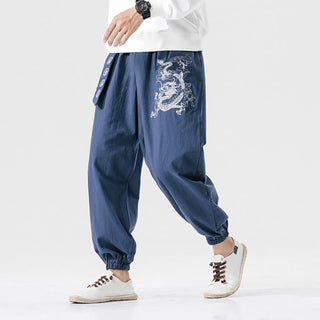 Buddha Gift Auspicious Clouds Dragon Cotton Men's Pants With Pockets