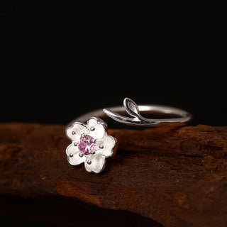 Buddha Gift 925 Sterling Silver Cherry Blossom Sakura Flower Blessing Adjustable Ring