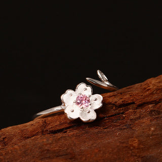 Buddha Gift 925 Sterling Silver Cherry Blossom Sakura Flower Blessing Adjustable Ring