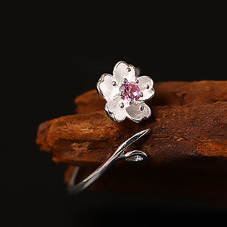 Buddha Gift 925 Sterling Silver Cherry Blossom Sakura Flower Blessing Adjustable Ring