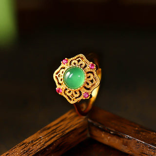 Buddha Gift Green Chalcedony Hollow Pattern Strength Adjustable Ring