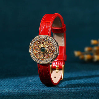 Buddha Gift Six True Words Eight Treasures Compass Jade 24K Gold Plated Luck Leather Bracelet