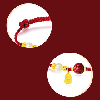 Buddha Gift Fu Character Jade Cinnabar 24K Gold Plated Luck Red String Bracelet