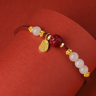 Buddha Gift Fu Character Jade Cinnabar 24K Gold Plated Luck Red String Bracelet