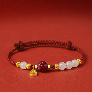 Buddha Gift Fu Character Jade Cinnabar 24K Gold Plated Luck Red String Bracelet