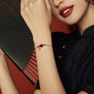 Buddha Gift Fu Character Jade Cinnabar 24K Gold Plated Luck Red String Bracelet