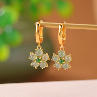 Buddha Gift 925 Sterling Silver Plated Gold Green Jade Flower Design Luck Prosperity Earrings