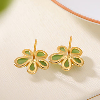 Buddha Gift 925 Sterling Silver Hetian Jade Flower Design Abundance Luck Earrings