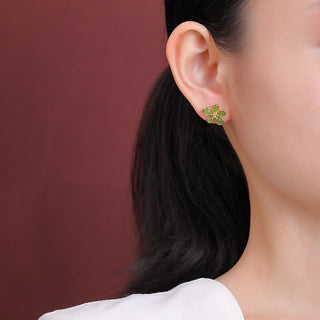 Buddha Gift 925 Sterling Silver Hetian Jade Flower Design Abundance Luck Earrings