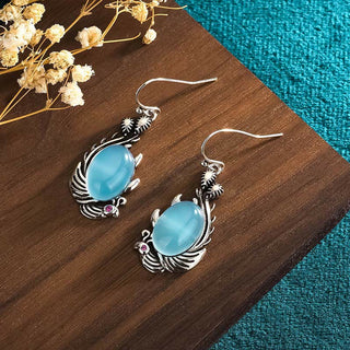 Buddha Gift 925 Sterling Silver Posts Blue Chalcedony Koi Fish Balance Vitality Earrings