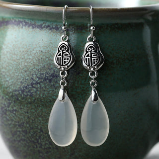 Buddha Gift 925 Sterling Silver Posts Natural Chalcedony Fu Character Positive Harmony Earrings