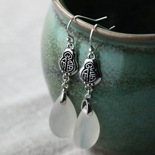 Buddha Gift 925 Sterling Silver Posts Natural Chalcedony Fu Character Positive Harmony Earrings