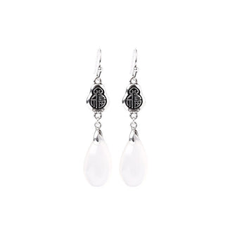 Buddha Gift 925 Sterling Silver Posts Natural Chalcedony Fu Character Positive Harmony Earrings