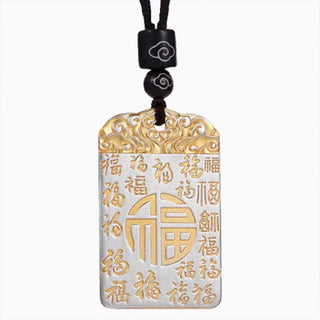 Buddha Gift Silver Plated Copper Fu Character Auspicious Clouds Luck Fortune Rope Necklace Pendant
