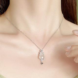 Buddha Gift 925 Sterling Silver 14k Gold White Jade Gourd Cat Protection Necklace Pendant