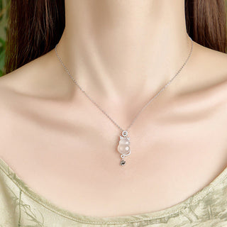 Buddha Gift 925 Sterling Silver 14k Gold White Jade Gourd Cat Protection Necklace Pendant