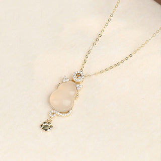 Buddha Gift 925 Sterling Silver 14k Gold White Jade Gourd Cat Protection Necklace Pendant