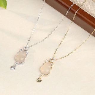 Buddha Gift 925 Sterling Silver 14k Gold White Jade Gourd Cat Protection Necklace Pendant