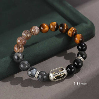 Buddha Gift 925 Sterling Silver Black Onyx Gold Sheen Obsidian Lava Rock Tiger Eye Six True Words Wealth Protection Bracelet