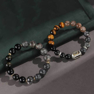 Buddha Gift 925 Sterling Silver Black Onyx Gold Sheen Obsidian Lava Rock Tiger Eye Six True Words Wealth Protection Bracelet