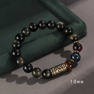 Buddha Gift 925 Sterling Silver Black Onyx Gold Sheen Obsidian Lava Rock Tiger Eye Six True Words Wealth Protection Bracelet